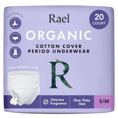 Rael Disposable Underwear for Women, Organic Cotton Cover - Postpartum Essentials, Leak Locker, Unscented, Maximum Coverage (Size S-M, 20 Count)