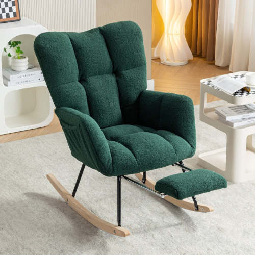 067-teddy Fabric High Back Nursery Rocking Chair with Adjustable Footrest and Storage Pocket