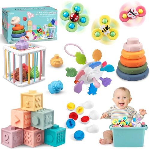 6 in 1 Montessori Baby Toy for Toddlers, Infant Teething Babies Stacking Blocks Rings Pull String Toy Suction Cup Spinner Toy Matching Eggs Shape Sorter Sensory Bin