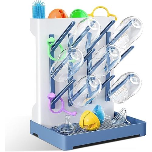 Baby Bottle Drying Rack: Vertical Space Saving Large Bottles Holder - Standing Boon Dryer Rack Baby Accessory - Countertop Holds Up to 12 Bottles & Pump Part Cleaning & Cup (Blue) (Blue)