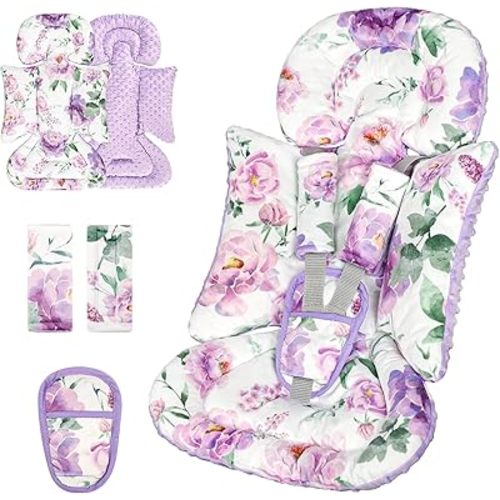 Infant Car Seat Insert, Soft Baby Car Seat Head & Body Support for Girl Boy, Reversible Newborn Preemie Carseat Insert Cushion with 3 Straps Pads Fits CarSeat, Stroller, Swing, Bouncer, Purple Floral