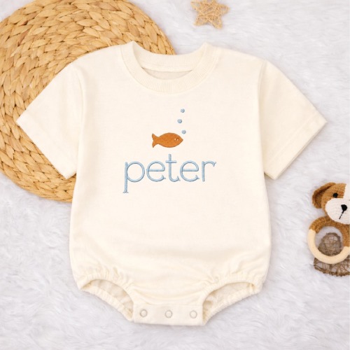 Personalized Baby Romper, Embroidered Fish, Ocean Theme Outfit