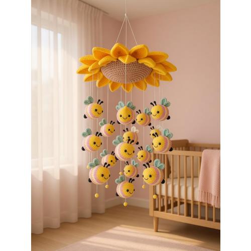 Handmade Sunflower And Bees Baby Mobile Crochet, Nursery Mobile For Baby, Baby Crib Mobile, Nursery Worker Gift, First Month Gift For Kids