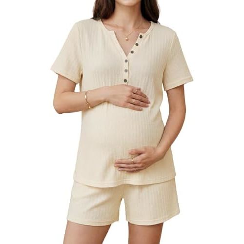 OUGES Women's 100% Cotton 2 Piece Maternity Nursing Pajama Sets Pregnancy Postpartum Loungewear with Pockets