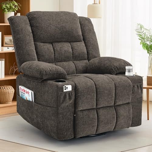 Korser Adult 360° Swivel Rocking Recliner, Baby Room Glider Recliner with Massage and Heating, Rocking Chair with Cup Holder, Living Room and Bedroom Manual Chair (Fabric, Brown)