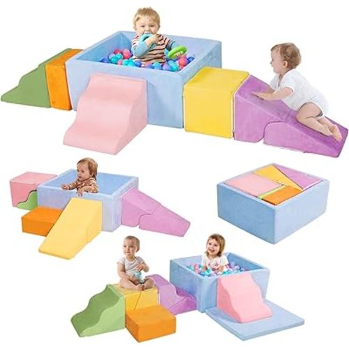 Foam Climbing Toys with Large Ball Pit, Foam Climbing Blocks for Toddlers Indoor, Soft Play Climb and Crawl Activity Playset, Toddler Play Crawling Climbing Sliding(Excluding Balls)