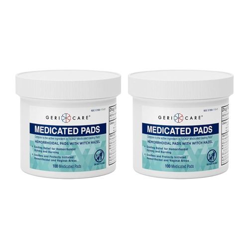 GeriCare Medicated Cooling Pads with Witch Hazel, for Soothing Itch, Discomfort and Burning, Pre-Moistened Pads Ideal for Sensitive Areas, 100 Count (Pack of 2)