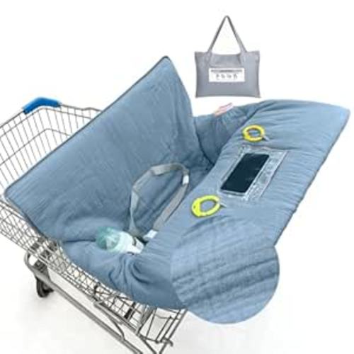 Muslin Shopping Cart Cover for Baby Soft & Breathable High Chair Covers for Restaurant Seat Grocery Cart Cover with Storage Pocket Machine Washable for Infant Toddler Boy Girl, Dusty Blue