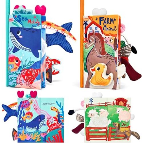 JoyCat Crinkle Books for Babies 2PCS- Tummy Time Toys for Infant Newborn, Soft Sensory Crinkle Cloth Books Touch and Feel for Boys Girls (Ocean+Farm)