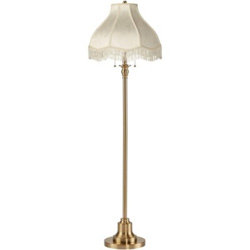 360 Lighting Dyna Traditional 58" Tall 2-Light Standing Floor Lamp Skinny Pole Pull Chain Gold Antique Brass Finish Living Room Cream Scalloped Shade