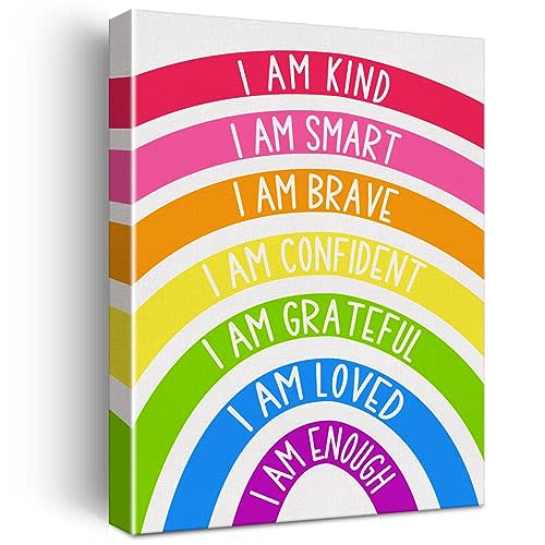 Rainbow Kids Affirmations Wall Art Canvas Painting Print Framed I Am Kind Smart Loved Artwork Canvas Sign for Nursery Decor (12x15 Inch)