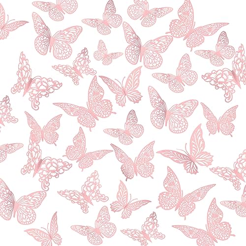 3D Gold Butterfly Wall Decor 3 Sizes 4 Styles Butterfly Party Decorations Cake Decorations Removable Stickers Wall Decor Room Mural Metallic Kids (Pink, 96Pcs)