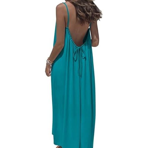 OFEEFAN Summer Dresses for Women 2026 Backless Cami Maxi Sundresses Spaghetti Strap Beach Vacation Clothes Swimsuit Coverup