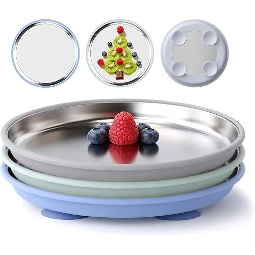 Bakpoco Stainless Steel Baby Plates with Removable Silicone Suction