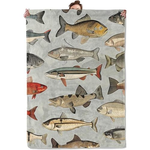 Vintage Fish Illustration Throw Blanket for Couch Picnic Camping Bedroom Decor, Types of Rustic Fishes Throws, Super Soft Cozy Warm Fluffy Fleece Blankets Gifts for Kids Adults, 60x50 Inch