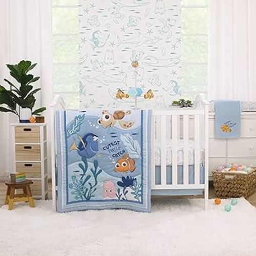 Disney Finding Nemo Cutest Little Catch Light Blue, Orange, and Navy 3 Piece Nursery Crib Bedding Set - Comforter, Fitted Crib Sheet, and Crib Skirt