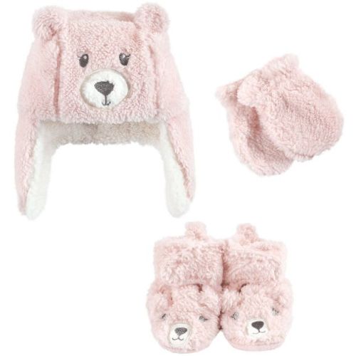 Hudson Baby Infant Girl Trapper Hat, Mitten and Bootie Set, Pink Bear, 6-12 Months