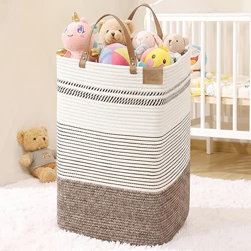 danpinera 75L Woven Laundry Hamper with Long Leather Handles, Baby Laundry Basket for Nursery, Tall Hampers for Bedroom Aesthetic, Decorative Clothes Storage Basket for Family, White & Dark Brown