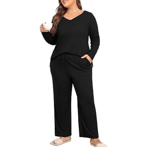 Women's Plus Size 2 Piece Pajama Lounge Sets Knit Outfits Long Sleeve V Neck Tops Wide Leg Pants with Pockets