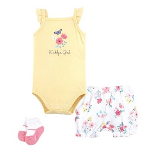 Hudson Baby Infant Girl Bodysuit, Short and Sock, Butterfly Floral Daddy, 3-6 Months