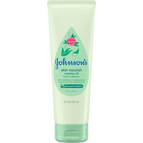 Johnson's Skin Nourish Creamy Oil, Aloe Scent & Vitamin E, Creamy Oil Helps Prevent Dryness & Moisturizes Baby's Delicate Skin for 24 Hours, Hypoallergenic & Non-Greasy, 8 fl. oz