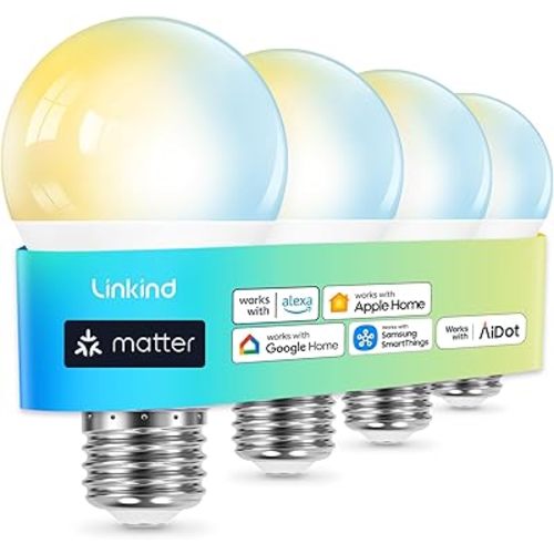 Linkind Matter Smart Light Bulb, Soft White to Daylight Tunable Alexa Light Bulbs, Smart Bulbs Work with Apple Home, Alexa, Google Home, SmartThings, 2.4GHz Wi-Fi LED, A19 E26, 800LM, 60W (4-Pack)