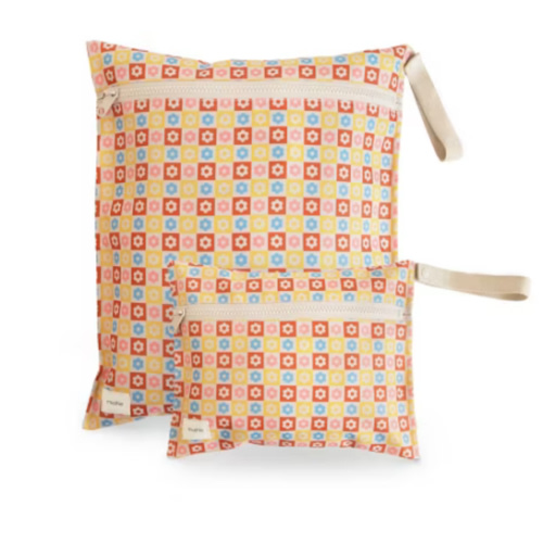 mushie Water Resistant Wet Bags | Large & Small Reusable Storage Bag for Baby Items and Travel | Zippered Pockets with Handle | Machine Washable, Set of 2 (Happy Flowers Check)