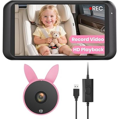 Babyvue Car Camera for Baby with Video Recording & Playback, 1080P HD Rear Facing Car Baby Monitor, 4.5" Display with Auto Night Vision, USB Plug & Play Car Seat Camera for Infants, Pink