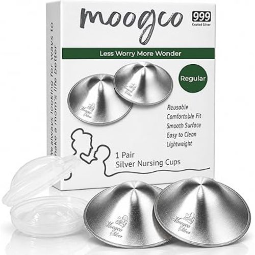 MOOGCO Silver Nursing Cups - 999k Silver Nipple Shields for Breastfeeding - Most Durable, Chemical-Free Nipple Protection (Regular, Set of 2)