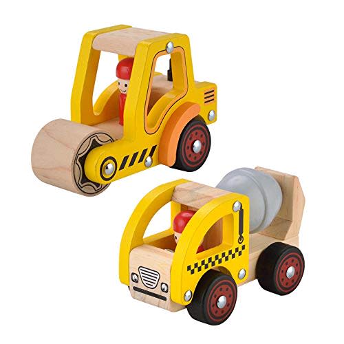 Wooden Push Car Toys for Infants 12-18 Months, 2 Pcs Baby Vehicle Toys Hand Push Car for 1 2 Year Old Boys Girls (Cement Truck + Road Roller)