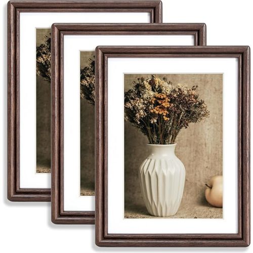 RICHFOCUS 6x8 Picture Frame Set of 3, Natural Solid Walnut Wood Picture Frame with High Tempered Glass, Handcrafted Rounded Corner 6 by 8 Wooden Frame Matted to 5x7 Photo for Wall & Tabletop Display