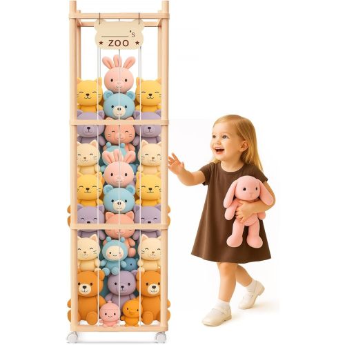 Stuffed Animal Storage & Organizer, Wooden Cute Zoo Toy Holder for Toddler Rooms, Playrooms & Bedrooms, 53.54" x 15.74" x 15.74"