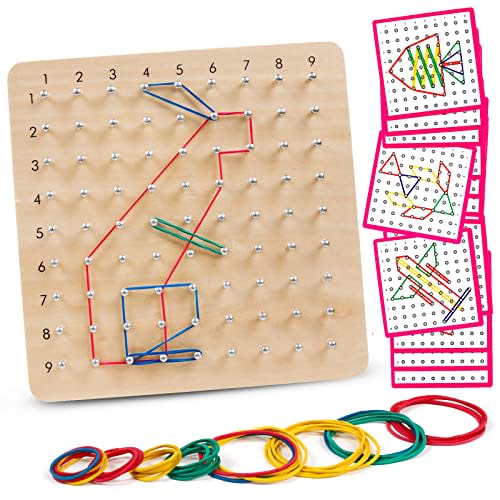 Skrtuan Wooden Geoboard with Pattern Cards & Rubber Bands, Montessori STEM Educational Toy for Kids 3-5 5-8 Years Old, Brain Teaser Puzzle Game for Geometry Learning and Creative Shapes
