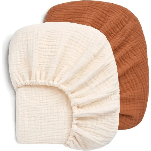 Pro Goleem Muslin Pack n Play Sheets for Boys and Girls, Soft Breathable Cotton Fitted Mini Crib Sheets, Neutral Baby Sheets for Playard Mattress, 2 Pack (Brown＆Beige)