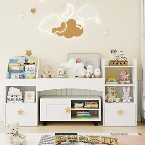 ELECWISH 55” Kids Bookshelf with Reading Nook, Kids Bookcase with Desk and Toy Storage Drawers, 6 Storage Cubbies and Storage Cabinet with Wheels for Kid's Bedroom, Playroom, School, White