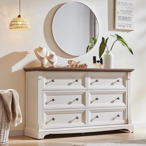 6 Drawers Dresser for Bedroom 54" Wide Wood Nursery Dressers w/Roman Column | Large Dressers & Chests of Drawers, Wooden Dresser TV Stand for Nursery Bedroom Living Room Hallway, Antique White