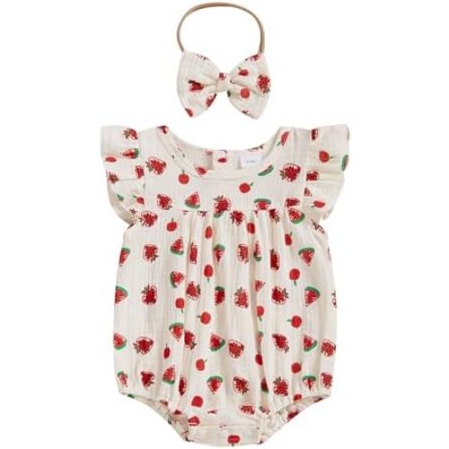 Newborn Infant Baby Girl Smocked Bubble Romper Summer Sleeveless Bodysuit Strawberry Onesie + Bows