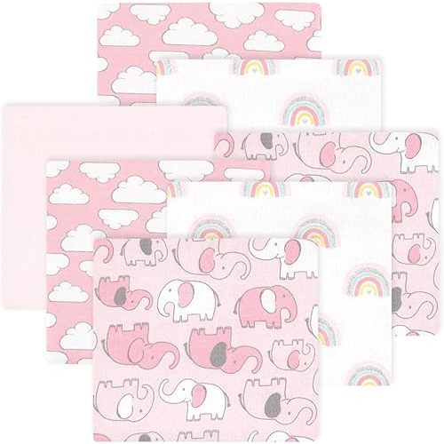 Little Treasure Hudson Baby Cotton Poly Flannel Receiving Blankets Multipack, Pink New Elephant, 30x30 inches