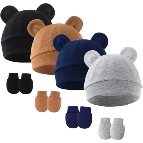 Newborn Baby Hats and Mittens Set Bear Ear Baby Beanie No Scratch Cotton Infant Caps Gloves Newborn Hats for Boys Girls