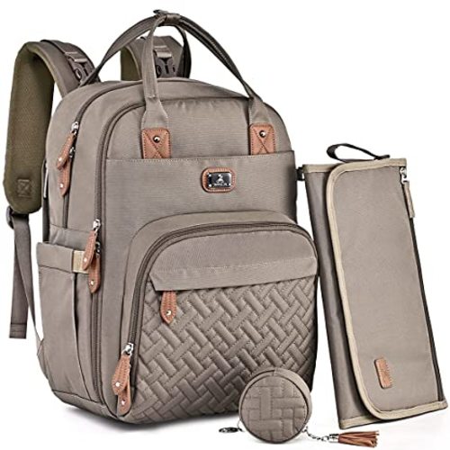 Dikaslon Diaper Bag Backpack with Portable Changing Pad, Pacifier Case and Stroller Straps, Large Unisex Baby Bags for Boys Girls, Multipurpose Travel Back Pack Moms Dads,Khaki