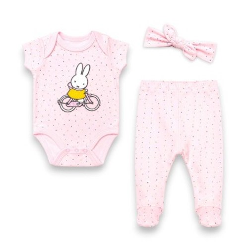 Miffy Baby Girls’ 3-Piece Soft Bodysuit, Footed Pants & Headband Layette Set, Pink/Multi-Dots, Newborn