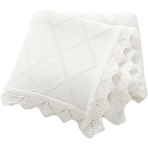 Hadetoto Knit Baby Blankets for Girls Boys, 100% Cotton Crib Blanket for Baby Infant Toddler, Super Soft and Lightweight Nursery Blankets (White)