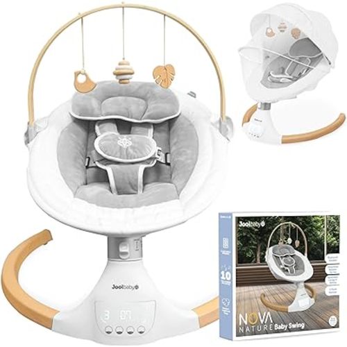 Jool Baby Nova Nature Baby Swing for Newborns with Natural Wood Toys, Electric Motorized Infant Swing, Bluetooth Music, Remote (White)