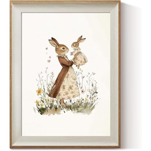 ARPEOTCY Framed Canvas Wall Art, 12x16 Inch Vintage Bunny Mom and Baby Rabbit Print, Nursery Wall Decor for Baby Room, Girls Bedroom or Mother's Day Gift
