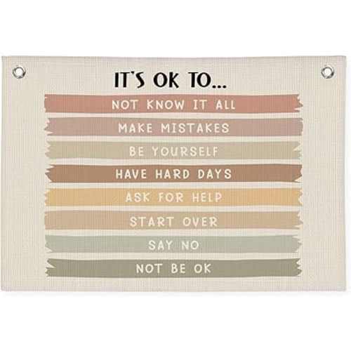 Positive Affirmations Wall Decor, It‘s Ok To Banner, Neutral Boho Canvas Banner Wall Hanging Flag Decor, Inspirational Kids Classroom Decor