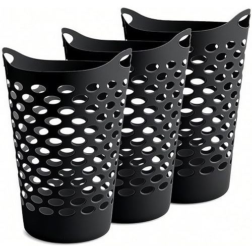 (3 Pack) Black Plastic Round Laundry Hamper - 2.2 Bushel Capacity, Lightweight with Flex Carrying Handles for Home, Dorm, Bathroom & Laundry Room