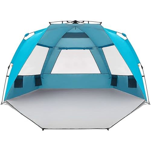 Easthills Outdoors Instant Shader Enhanced Deluxe XL Beach Tent Easy Set Up 4-6 Person Popup Sun Shelter 99" Wide for Family UPF 50+ Double Silver Coating with Extended Zippered Floor Pacific Blue