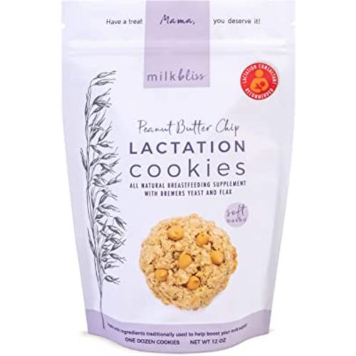 MilkBliss Peanut Butter Chip Soft Baked Lactation Cookies for Breastfeeding, All Natural and GMO Free Lactation Boosting Ingredients! Oats, Flaxseed, Brewers Yeast. 12 Count.