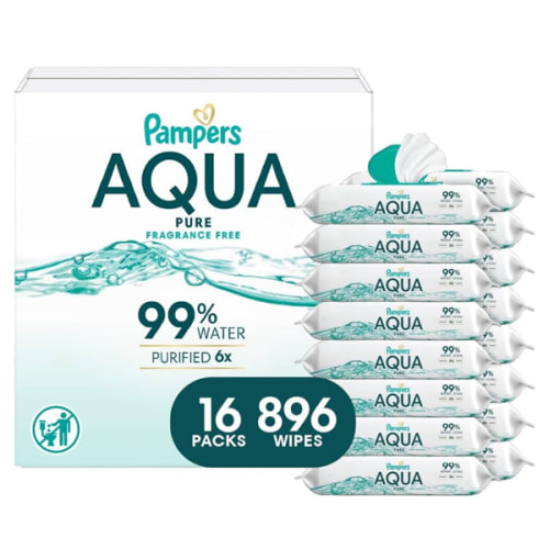 Pampers Aqua Pure Baby Wipes, 99% Water, Fragrance Free, 896 Baby Wipes Total (16X Flip-Top Packs) [Packaging May Vary]