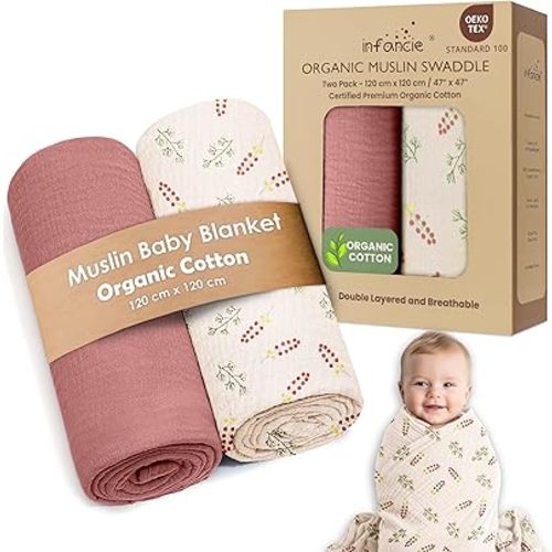 Organic Cotton Muslin Baby Blanket - 47x47 Inch Breathable Swaddle, Hypoallergenic Double-Layer, Versatile Use (Pink Floral, 47x47 Inch)